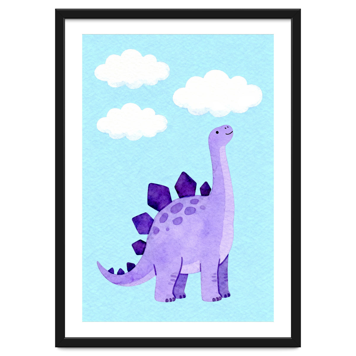 Purple Stegosaurus Watercolor Art, Cute Dinosaur Nursery Print, Dino and Clouds Illustration