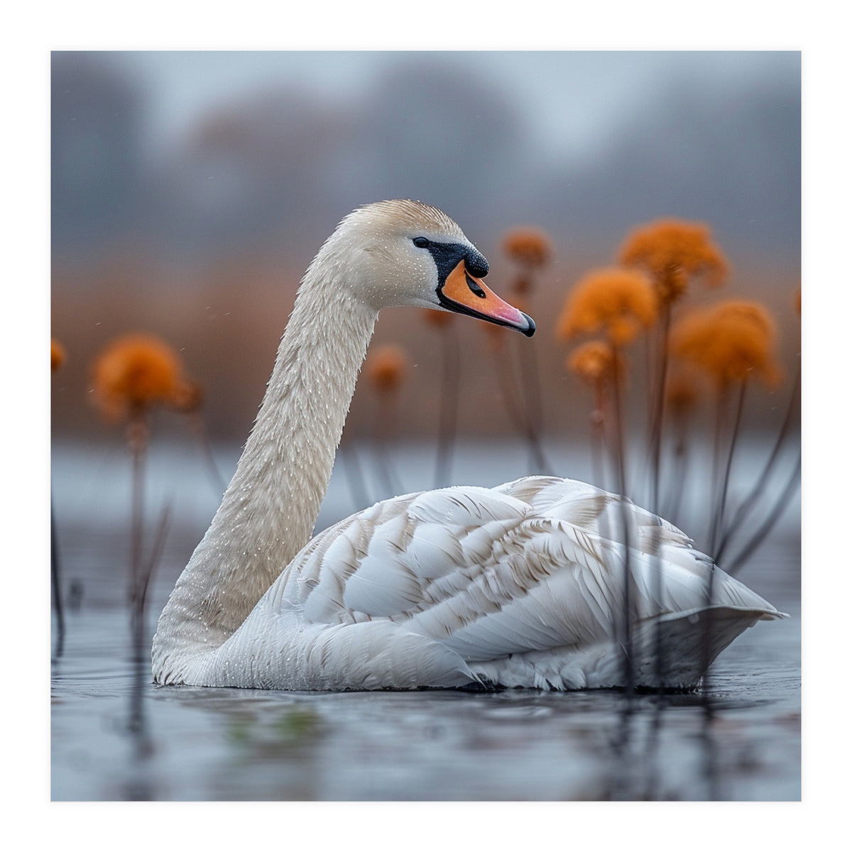 White Swan Swimming In A Lake With Reeds (Print Only)