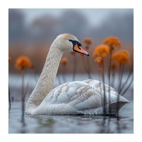 White Swan Swimming In A Lake With Reeds (Print Only)