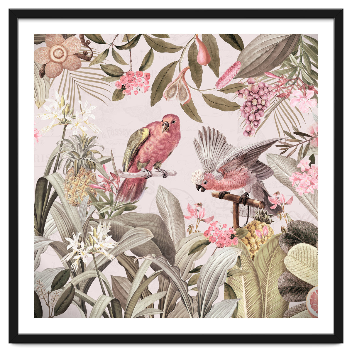 Colorful Parrots In Flower And Fruit Tropical Jungle