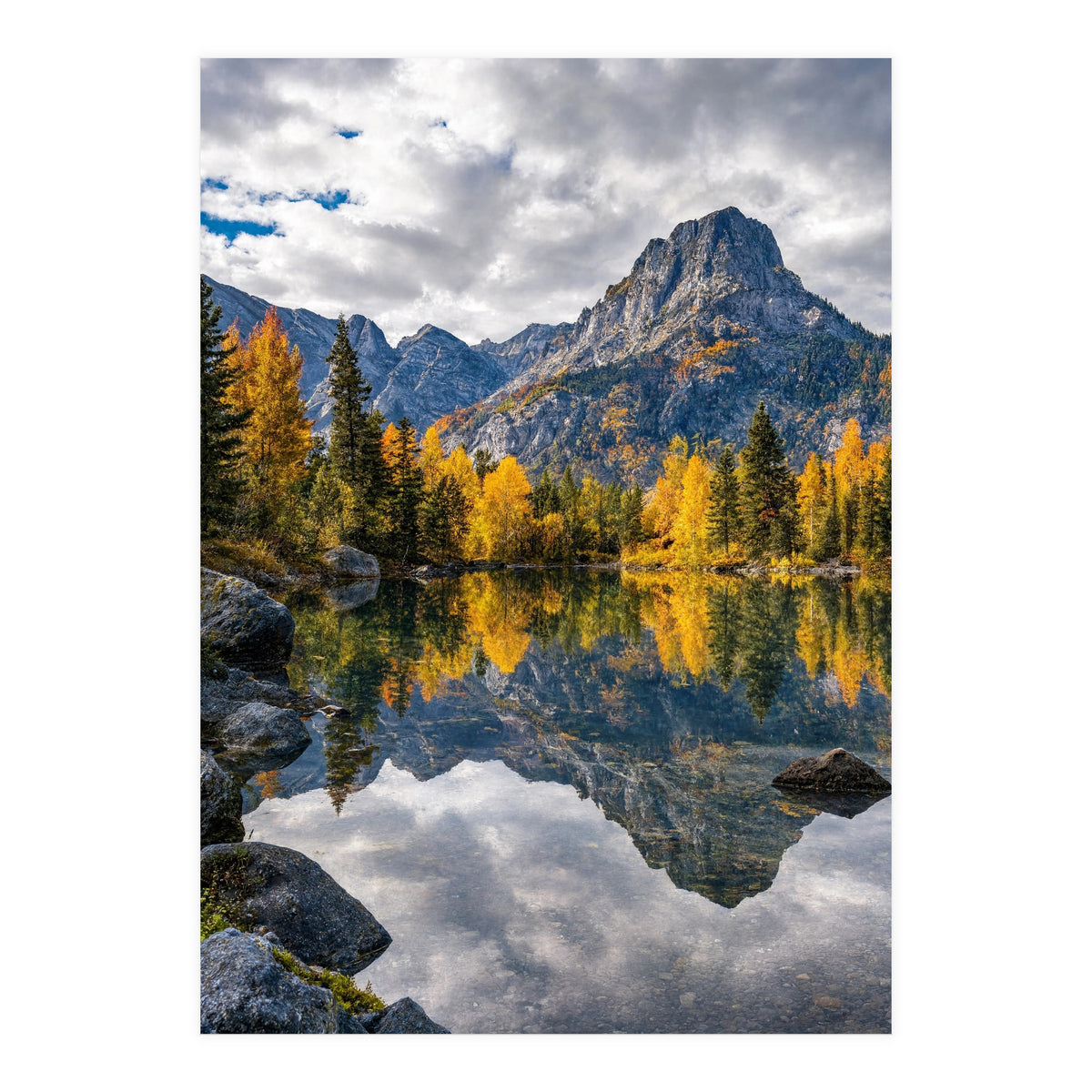 Golden Autumn Reflection: Majestic Mountain Wilderness Landscape (Print Only)
