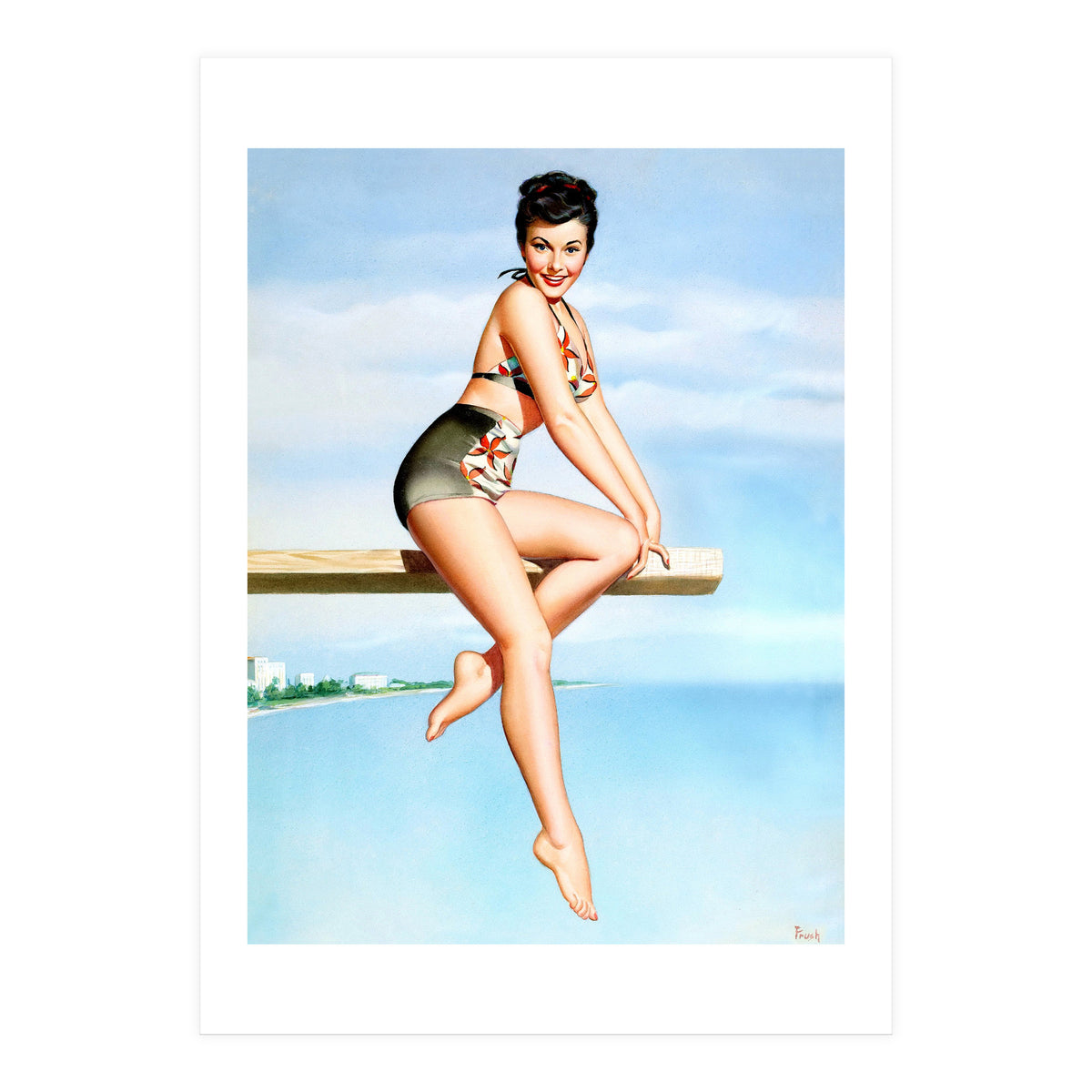 Smiling Sexy Pinup Girl Posing On A Board (Print Only)