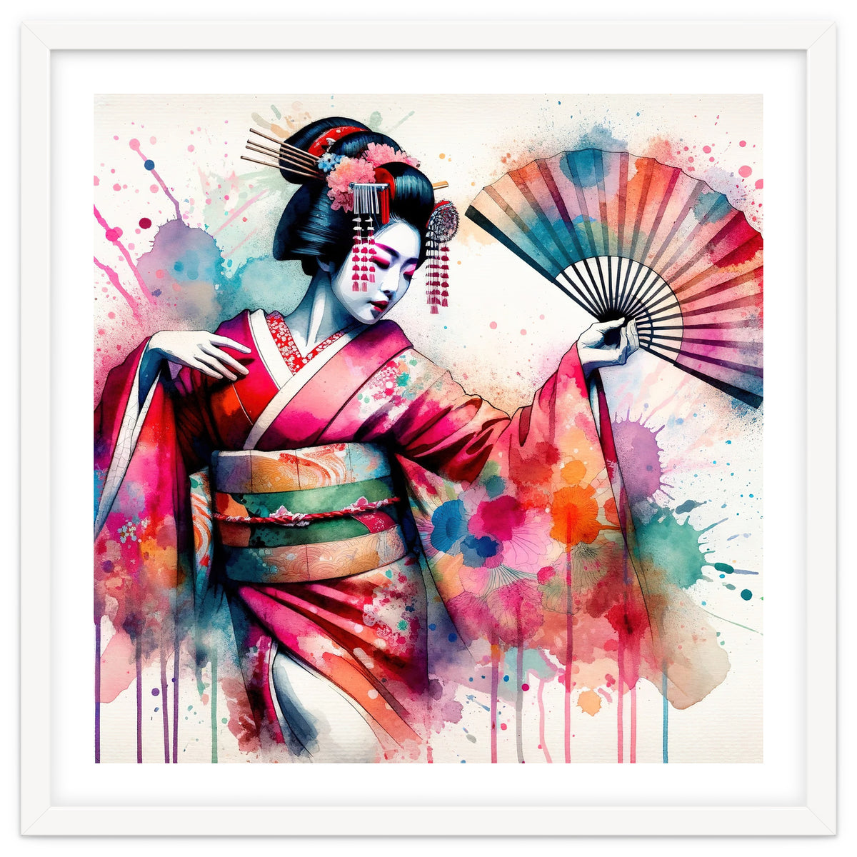 Vibrant Geisha With Rainbow Hand Fan
