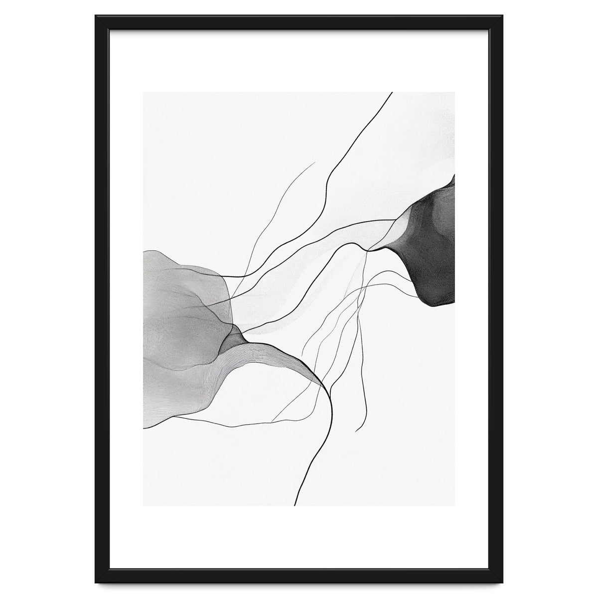 Abstract Black And White Flowing Lines And Shapes On White Background