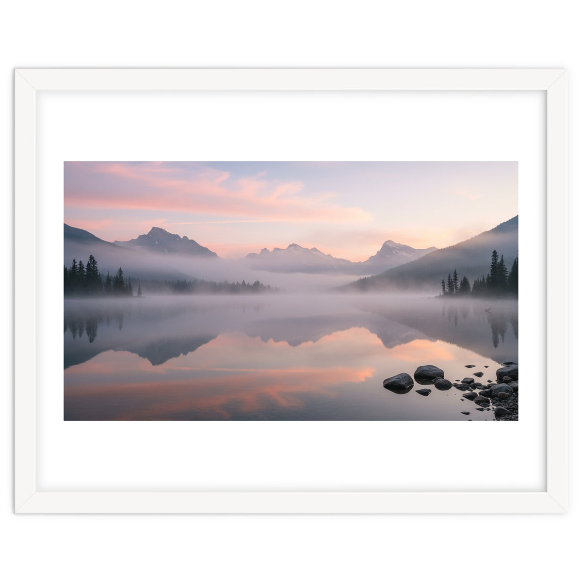 Misty Morning Reflection: Serene Alpine Lake