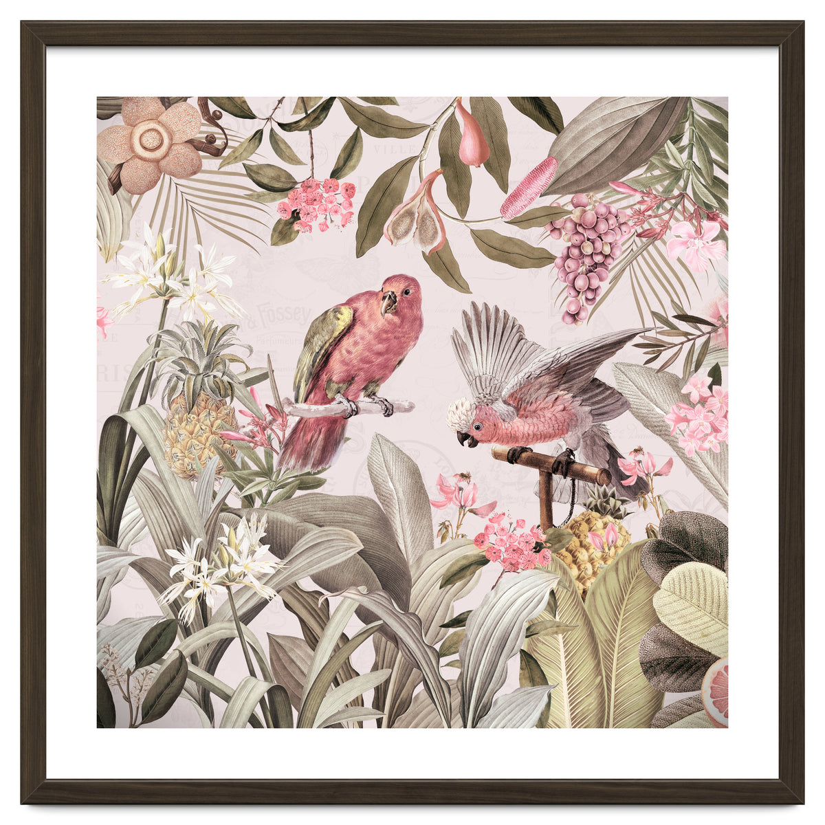 Colorful Parrots In Flower And Fruit Tropical Jungle