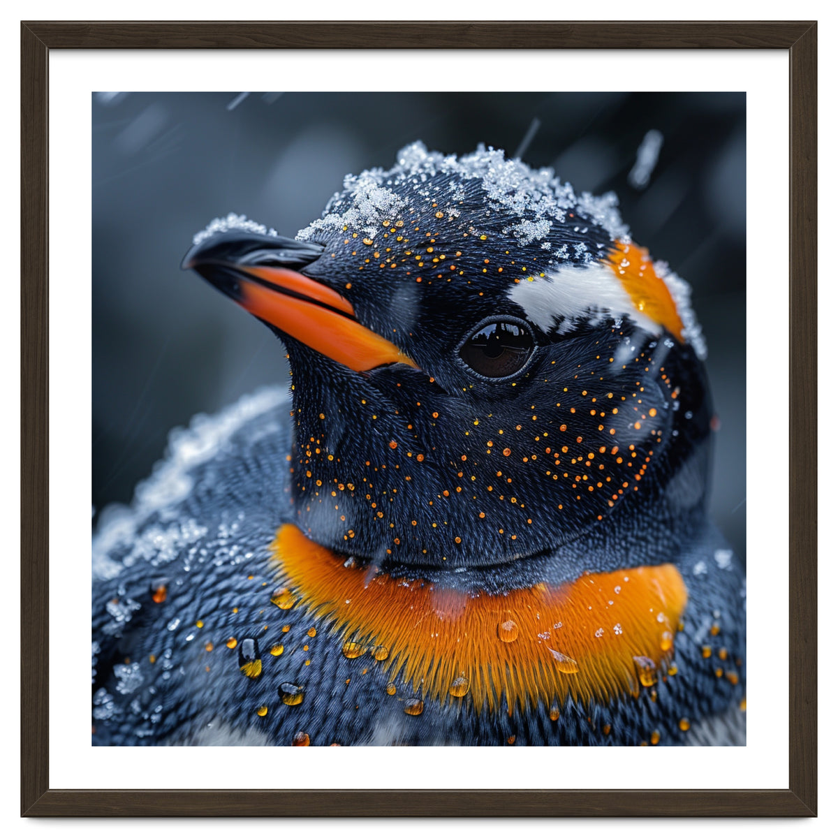 Close Up Penguin In Snow With Water Droplets