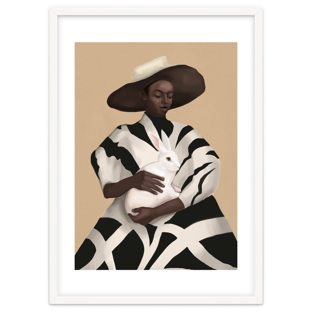 Woman In Stripes Holding A White Rabbit