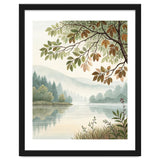 Tranquil Lakeside Forest Watercolor Painting with Overhanging Autumn Branches and Misty Mountain Reflection thumbnail