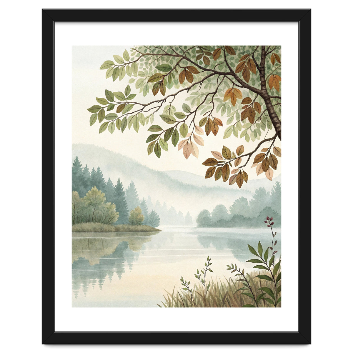 Tranquil Lakeside Forest Watercolor Painting with Overhanging Autumn Branches and Misty Mountain Reflection