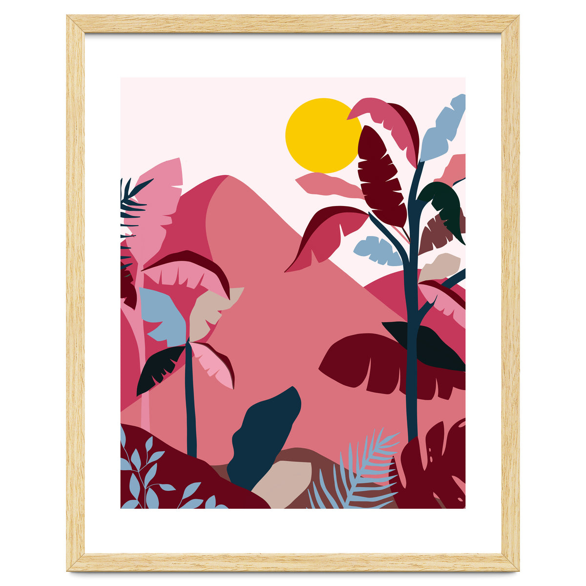 Tropical Sundowner, Pastel Jungle Botanical Nature, Summer Plants Palms Sunset, Mountain Landscape Travel Adventure