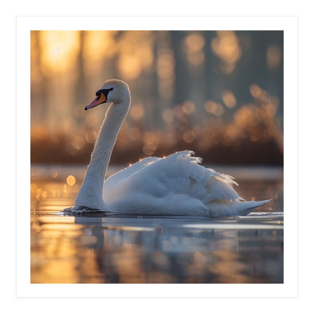Majestic Swan Gliding On Water At Sunset (Print Only)
