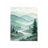 Serene Misty Mountain Valley Watercolor Painting (Print Only) thumbnail