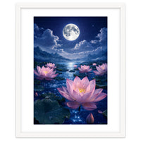 Moonlit Lotus Pond: Serene Nighttime Floral Landscape