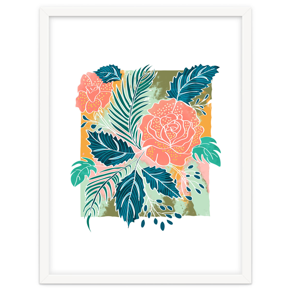 Framed Nature, Botanical Floral Rustic Bohemian, Garden Painting Tropical Illustration