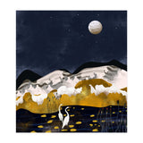 Midnight Lake, Stork Wildlife Animals Abstract Painting, Nature Landscape Travel Adventure Full Moon Night, Eclectic Gold Birds Magical Bohemian (Print Only) thumbnail