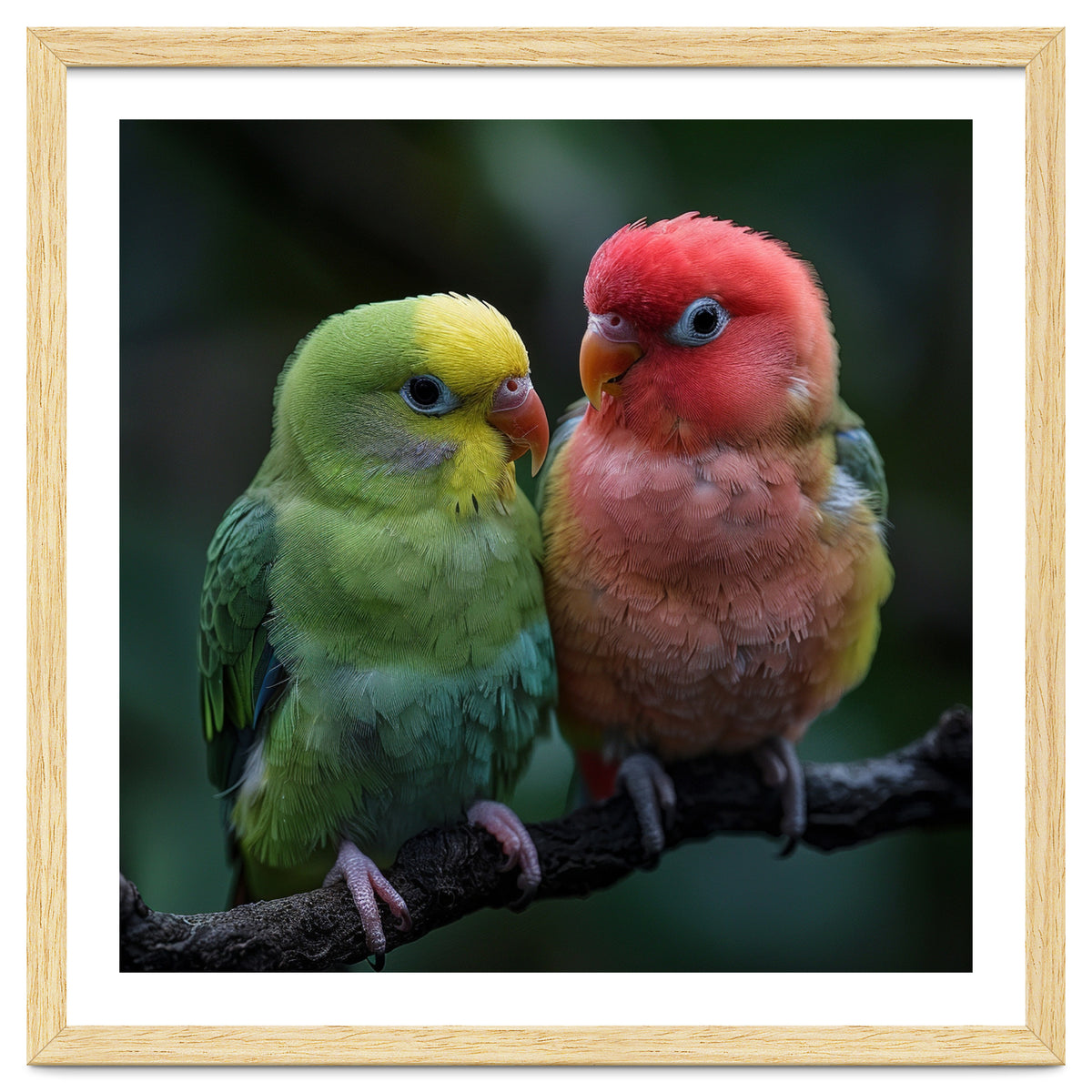 Two Lovebirds Sitting Together On A Branch
