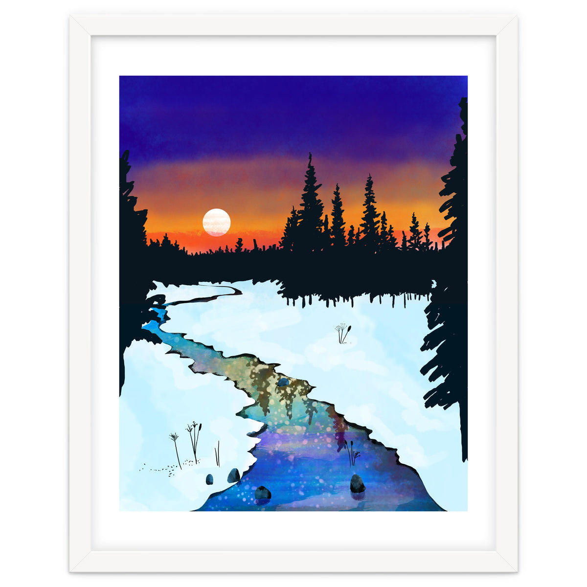 Purple Midnight, Snow River Full Moon Nature Landscape Painting, Winter Travel Adventure Places