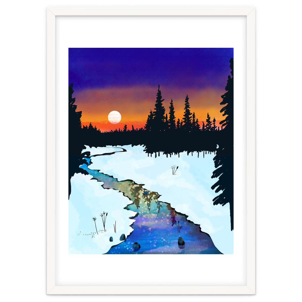 Purple Midnight, Snow River Full Moon Nature Landscape Painting, Winter Travel Adventure Places