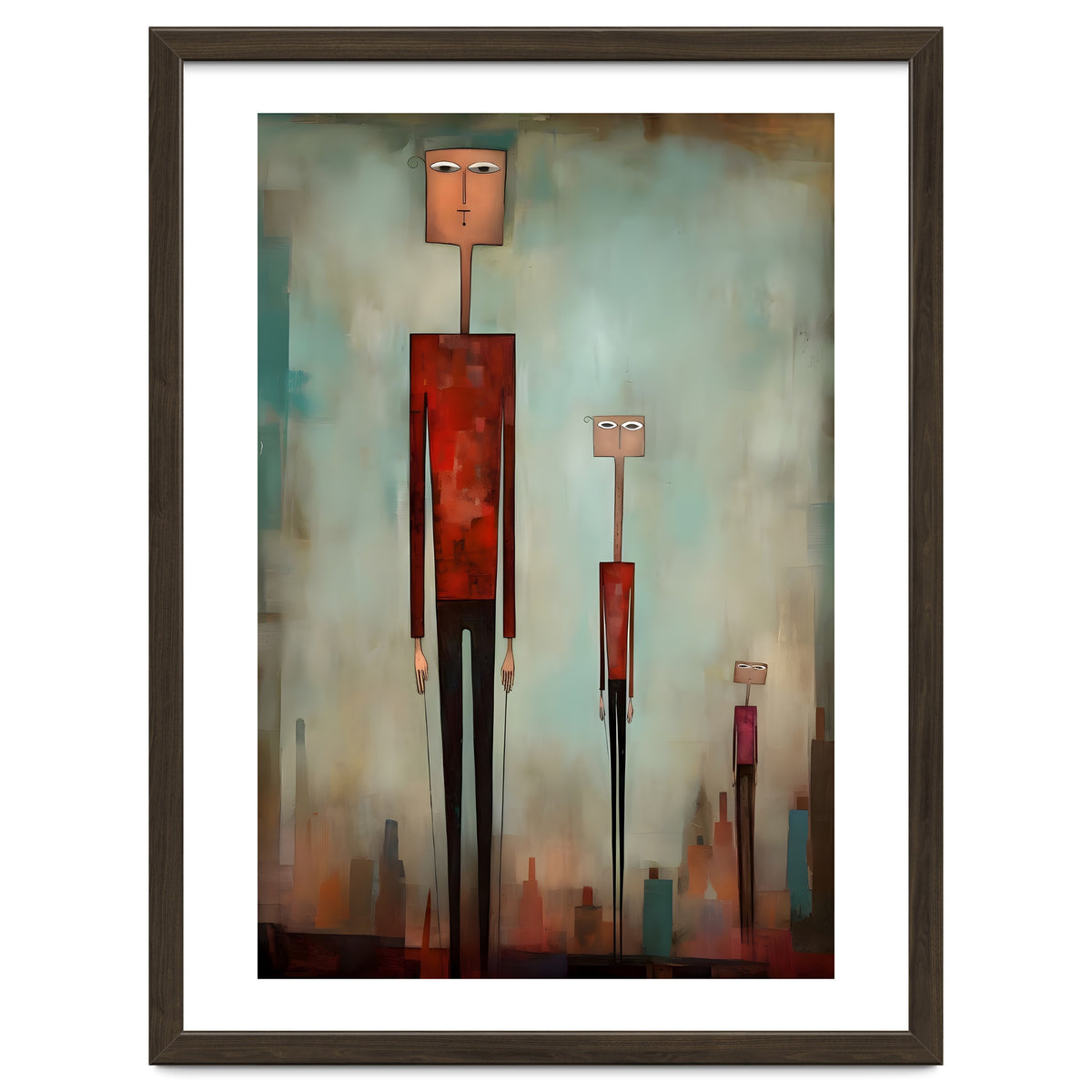 CITY HEIGHTS, three human-like forms of differing heights loom over the city below.