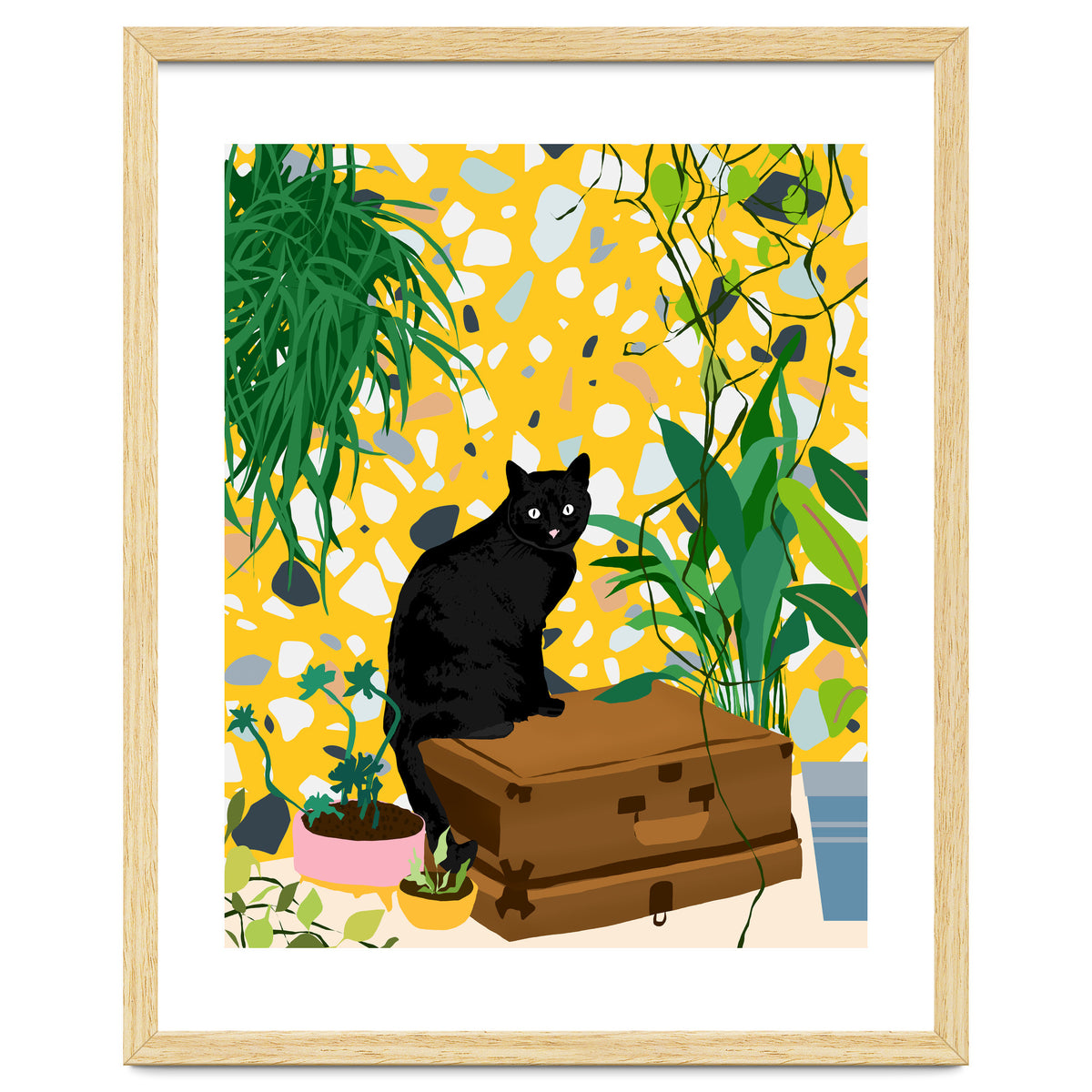 Urban Jungle Cat, Black Cats Pets Terrazzo Decor, Whimsical Bohemian Animals Illustration, Eclectic Quirky Travel