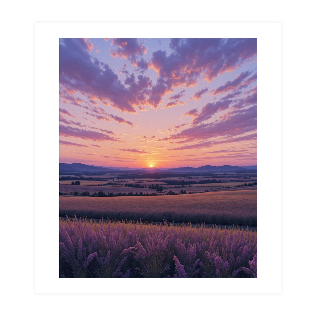 Serene Lavender Fields at Golden Hour Sunset (Print Only)
