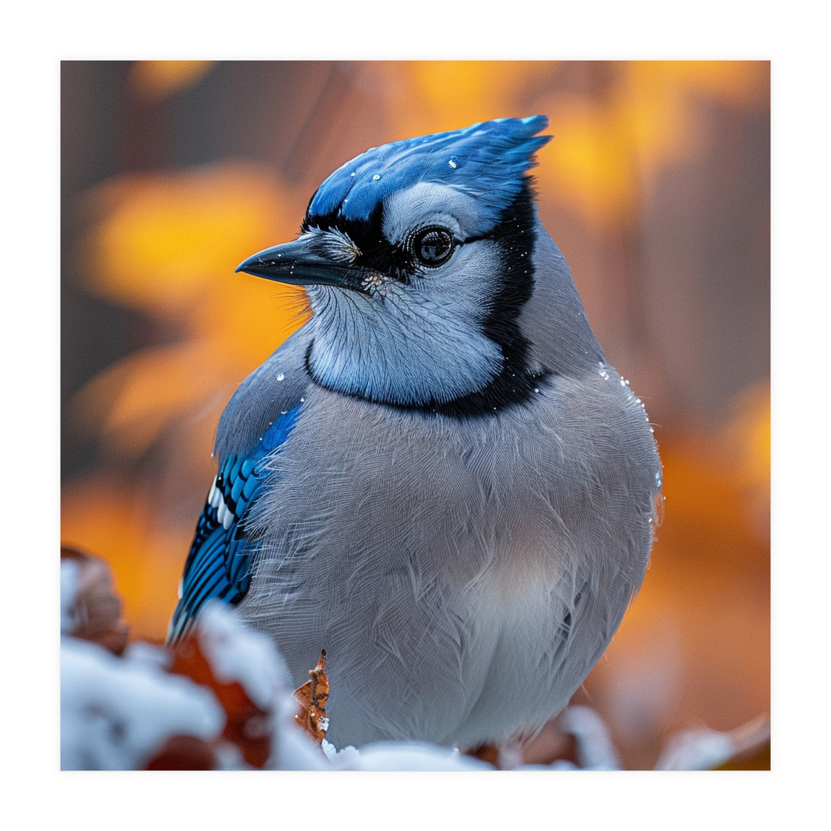 Blue Jay Bird In Winter Snowfall And Leaves (Print Only)