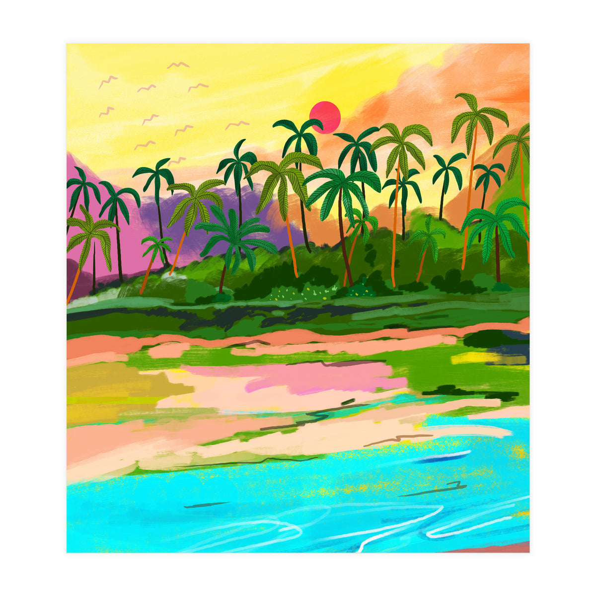 Tropical Backwaters Of Kerala, Nature Jungle Forest Landscape Painting, Dreamy Scenic Travel Lake Palm Bohemian (Print Only)