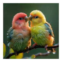 Two Lovebirds Perched On A Branch In Rain (Print Only)