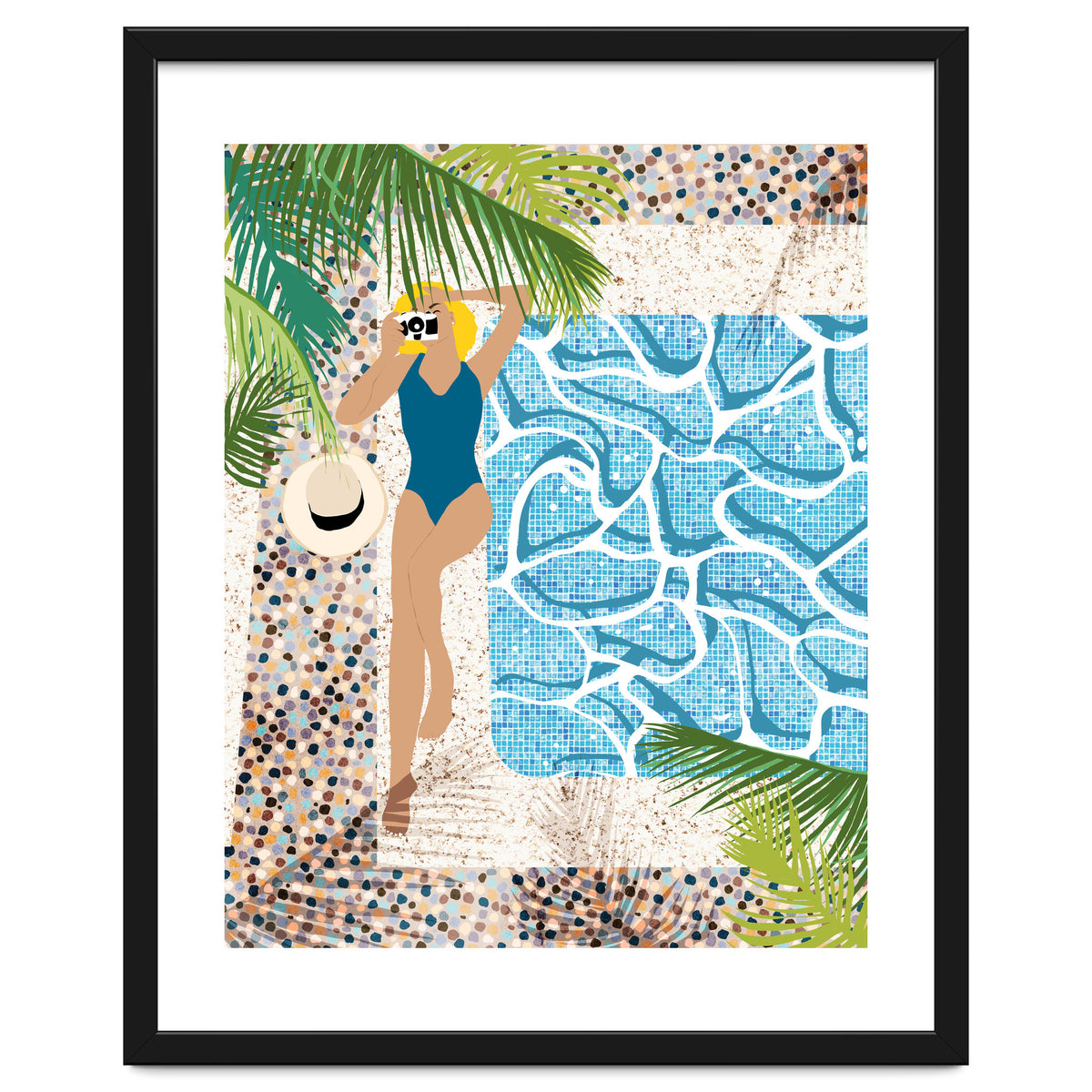 Click, Summer Travel Poolside Swim, Moroccan Tiles Staycation Vacation Holiday, Bohemian Woman Swimsuit Fashion Pose