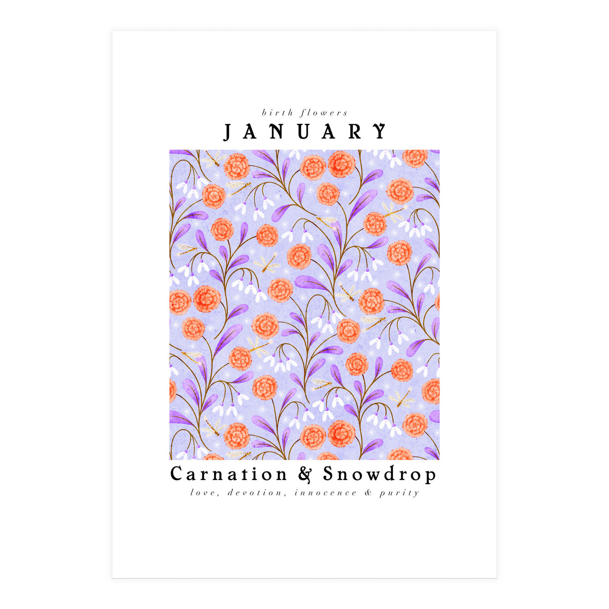 Carnations And Snowdrop January Birth Flower Floral Print (Print Only)