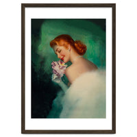 Portrait Of A Pinup Bride In White Dress And A Flower Boukuet