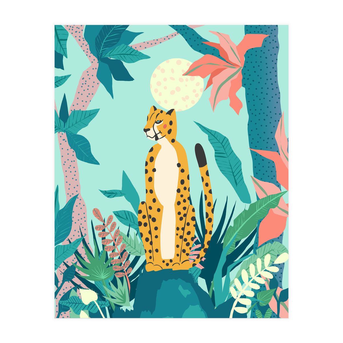Leopard Forest, Pastel Tropical Jungle Nature Botanical, Moon Eclectic Colorful Wild Animals Boho (Print Only)