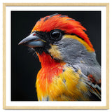 Close Up Of Colorful Bird With Red Orange Yellow Feathers thumbnail