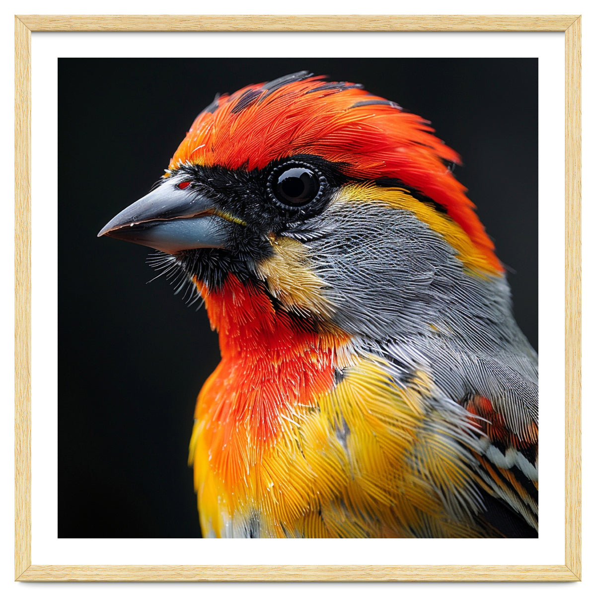 Close Up Of Colorful Bird With Red Orange Yellow Feathers