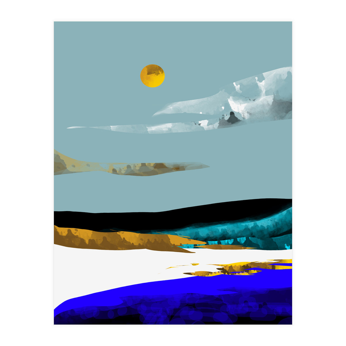 Duality & Intention, Abstract Nature Landscape Adventure Painting, Travel Mountains Sun Sky Scandinavian Clouds (Print Only)