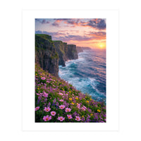 Coastal Sunset Wildflowers: Dramatic Ocean Cliffs and Floral Meadow (Print Only)