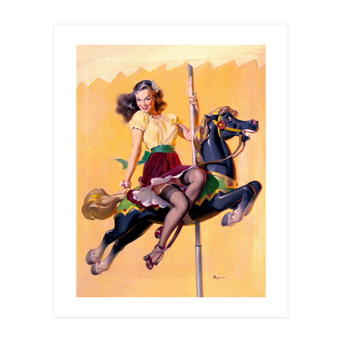 Pinup Sexy Girl Riding A Wooden Horse (Print Only)