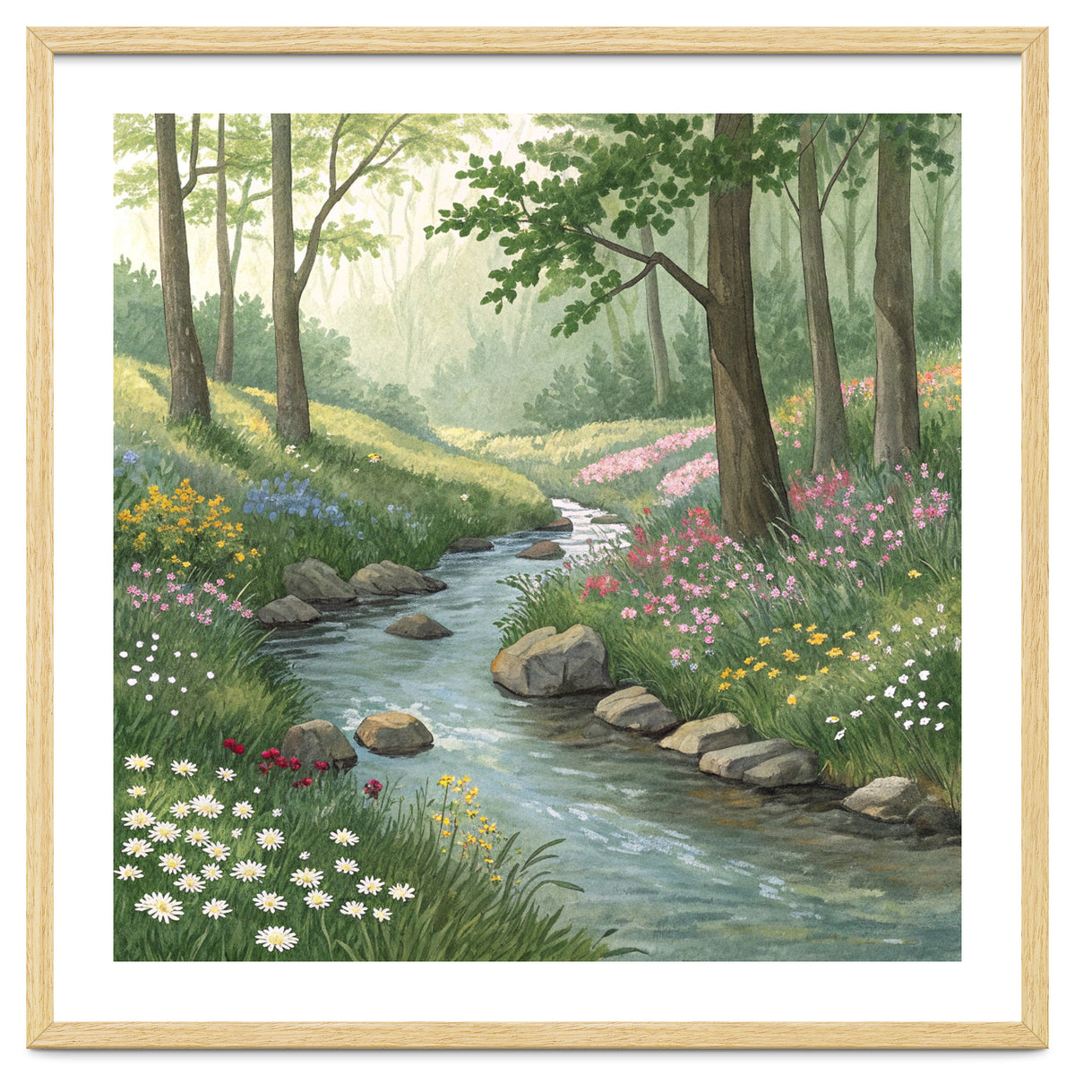 Vibrant Forest Stream Watercolor Painting
