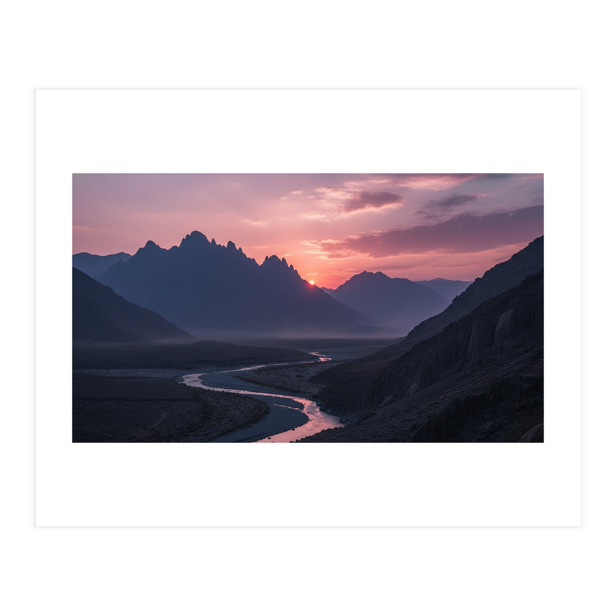 Crimson Sunset Valley: Serene Mountain Vista (Print Only)