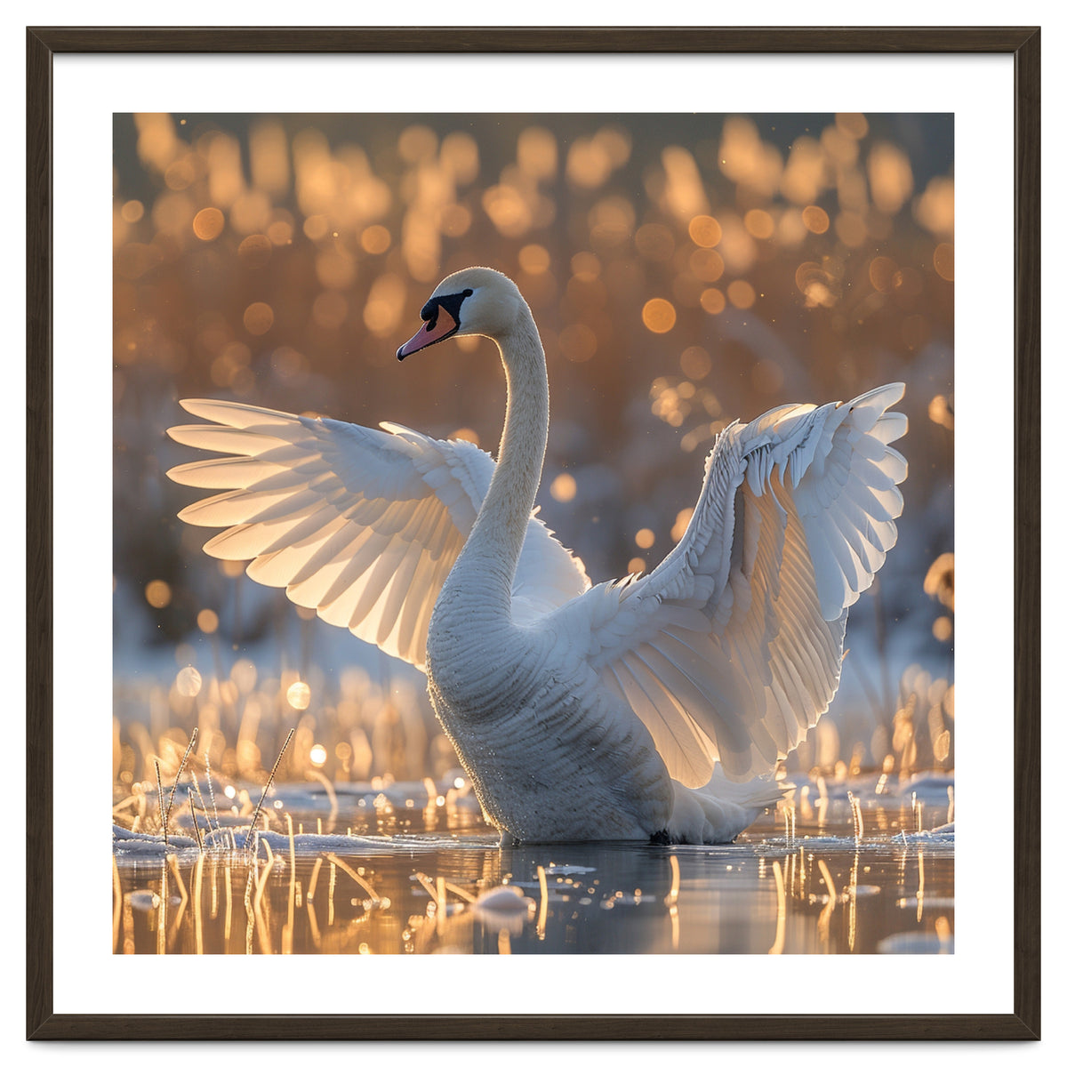 Swan Spreading Wings In Water Sunlight