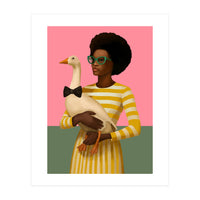 Stylish Woman Holding Goose In Striped Dress (Print Only)