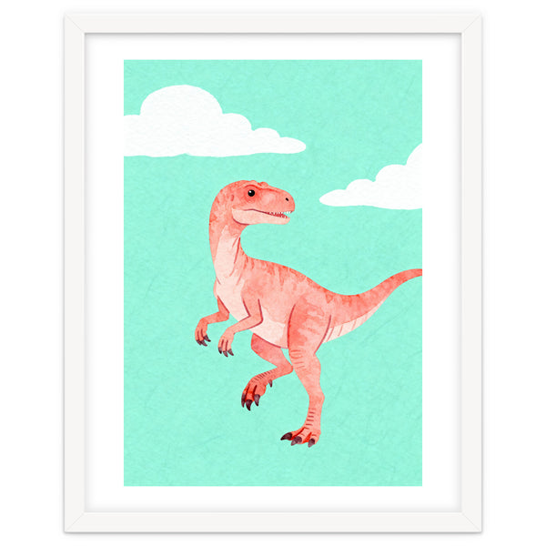 Velociraptor Watercolor Art, Cute Dino Nursery Print, Whimsical Dinosaur Illustration