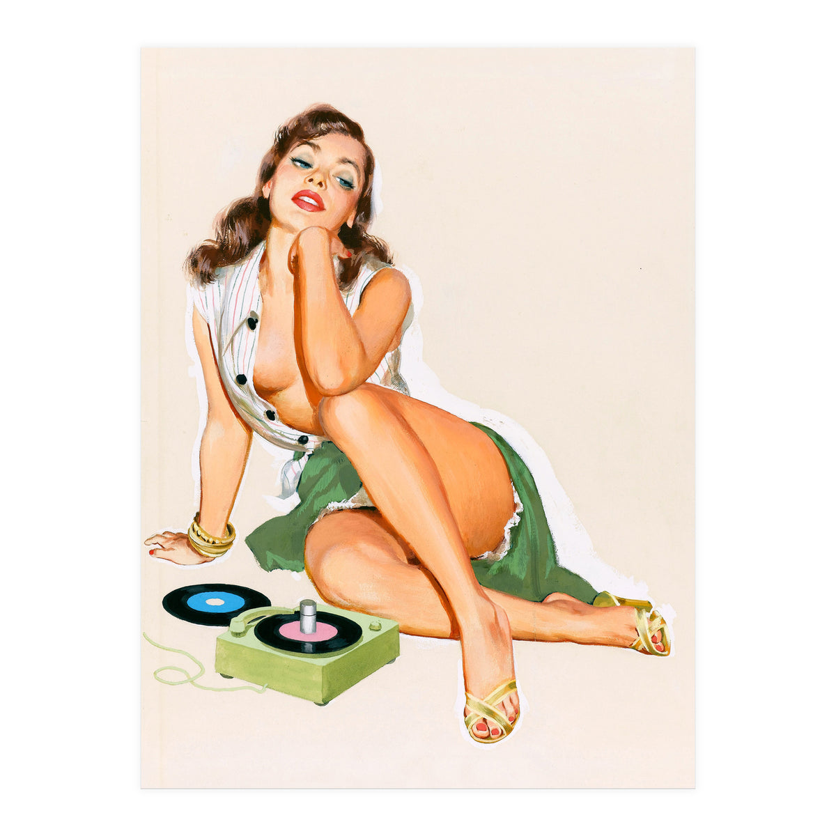 Sexy Pinup Woman Posing With Record Player (Print Only)