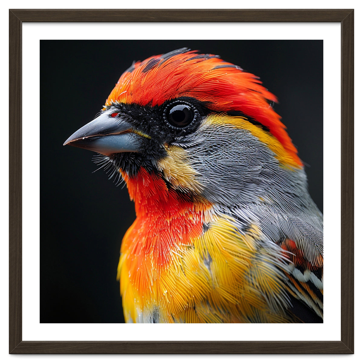 Close Up Of Colorful Bird With Red Orange Yellow Feathers