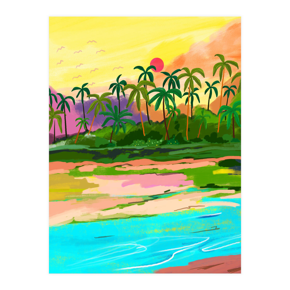 Tropical Backwaters Of Kerala, Nature Jungle Forest Landscape Painting, Dreamy Scenic Travel Lake Palm Bohemian (Print Only)