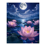 Moonlit Lotus Pond: Serene Nighttime Floral Landscape (Print Only) thumbnail