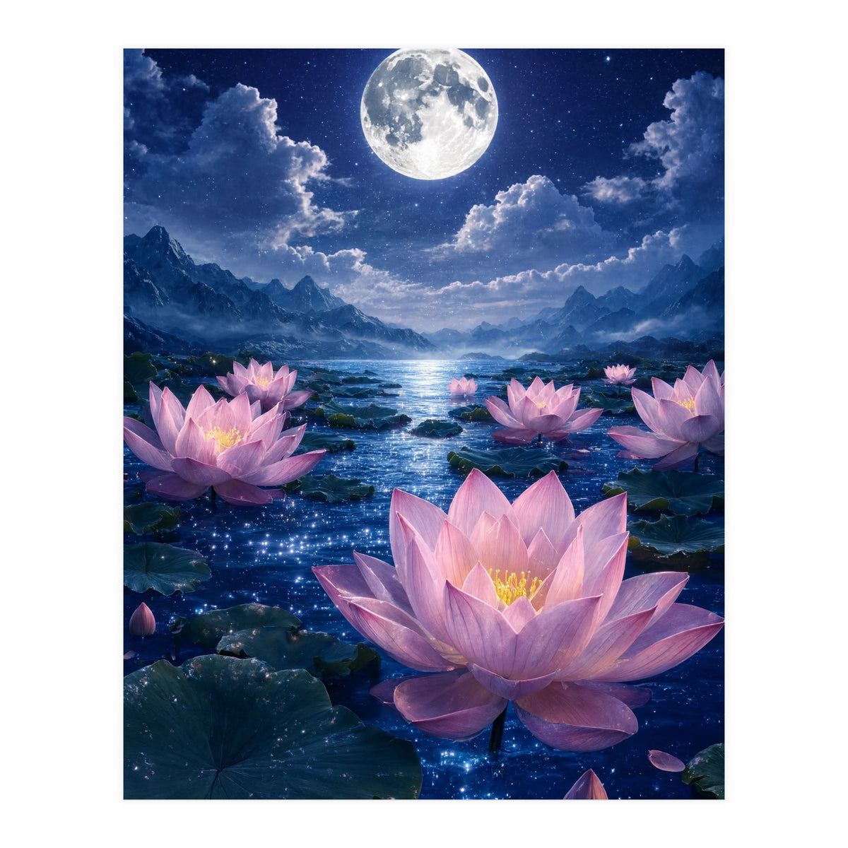 Moonlit Lotus Pond: Serene Nighttime Floral Landscape (Print Only)