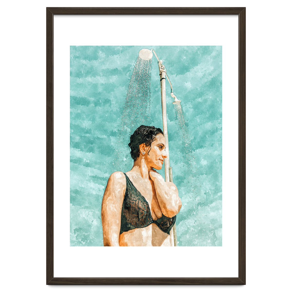 Bathe | Woman Pool Shower | Summer Swim Watercolor Painting | Brunette Bikini Boho Fashion