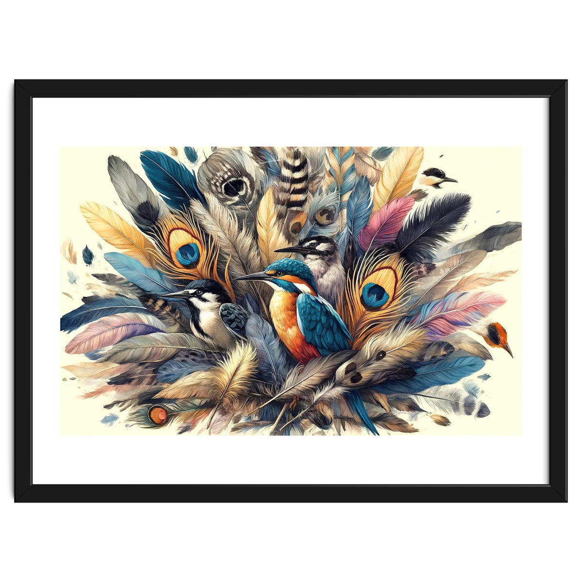 Kingfisher And Songbirds In Peacock Feathers